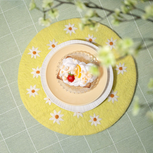 Vilten onderzetter 35 cm margrietjes geel