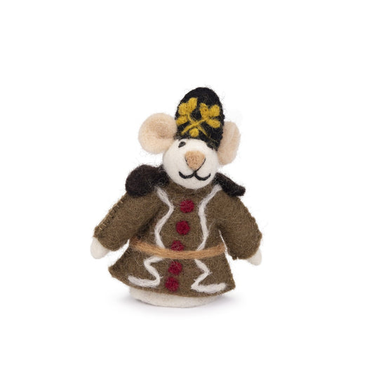 Detailfoto van vilten vingerpopje muis notenkraker luitenant