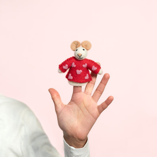 Vilten vingerpopje muis sweetheart rood