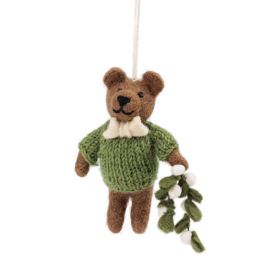 Detailfoto van vilten hanger meneer beer mistletoe groen