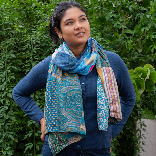 Vilten sarisjaal patchwork turquoisetinten