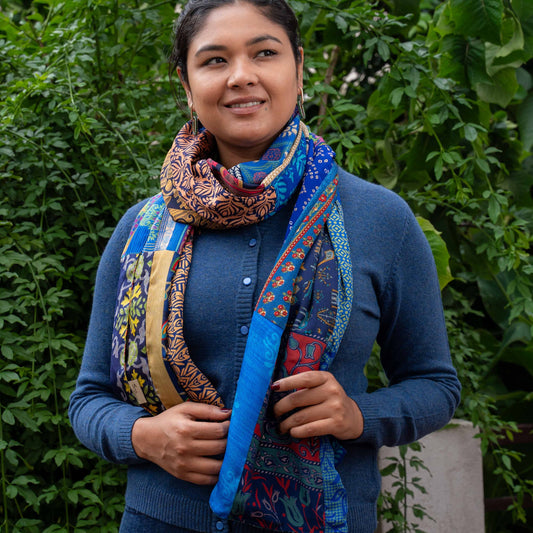 Vilten sarisjaal patchwork blauwtinten