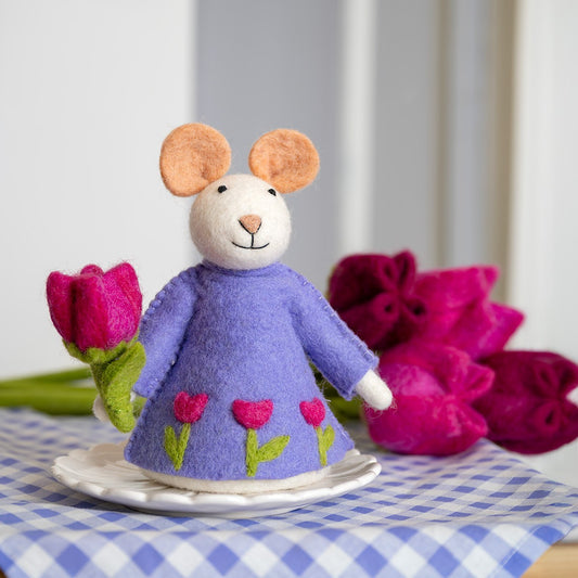 Vilten decoratie muis met tulp fuchsia