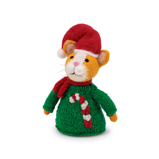 Detailfoto van vilten decoratie kat kersttrui candystick