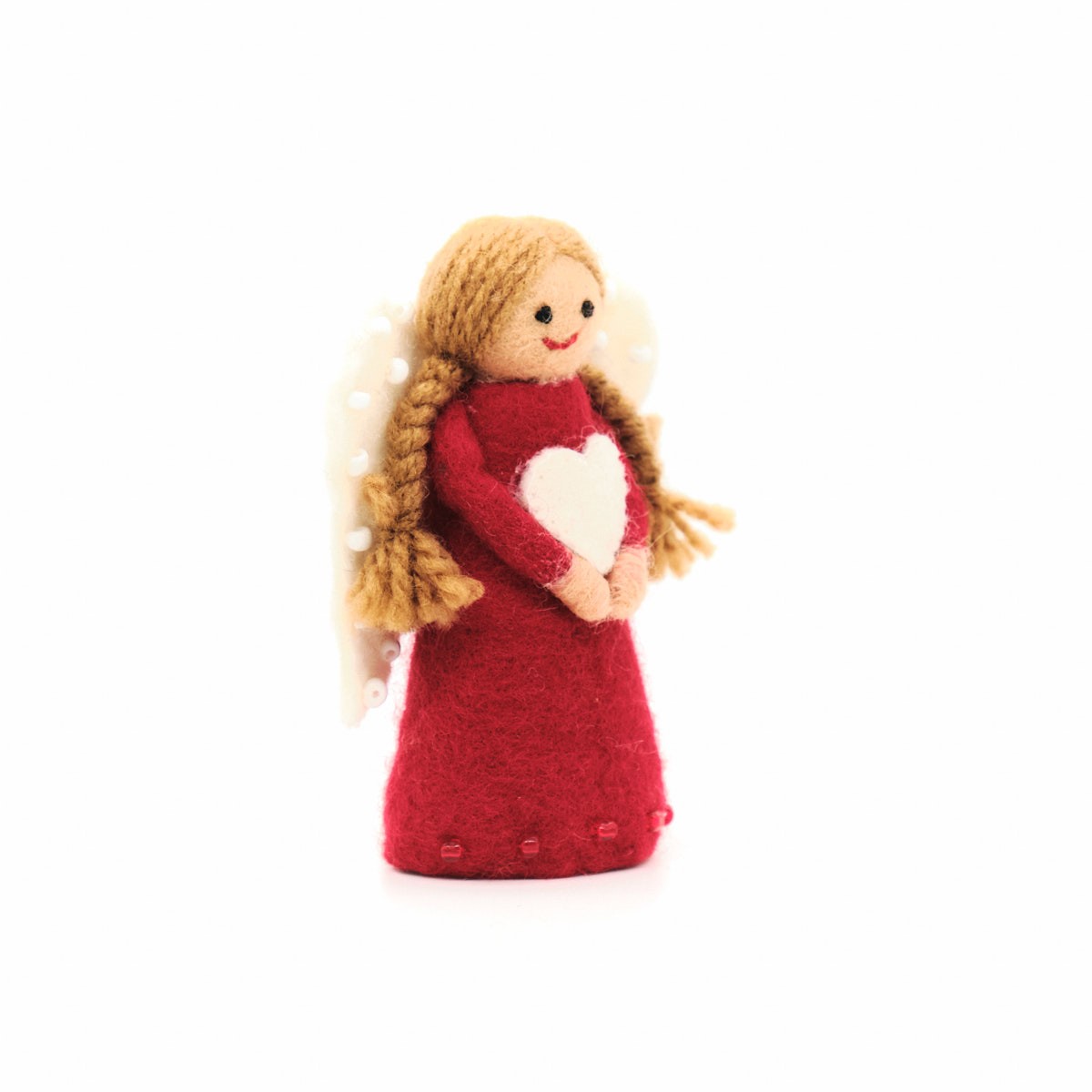 Detailfoto van vilten kerstengeltje rood