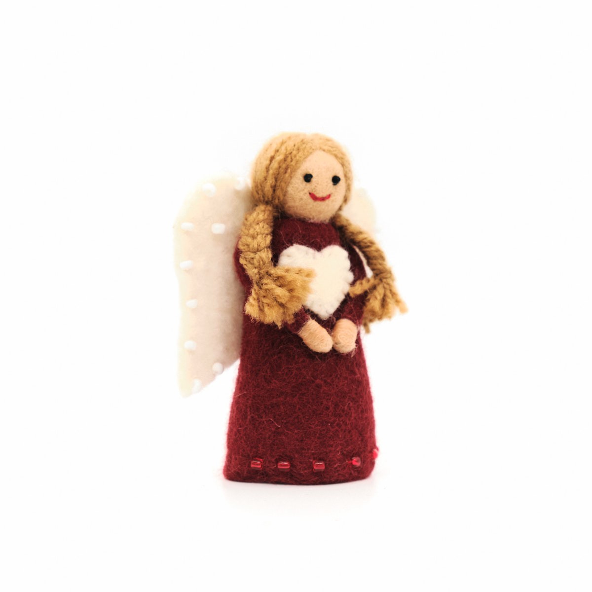 Detailfoto van vilten kerstengeltje donkerrood