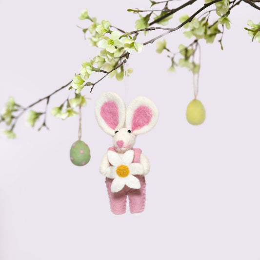 Vilten hanger haasje met margriet roze