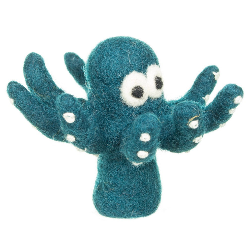 Detailfoto van vilten vingerpopje octopus zeegroen