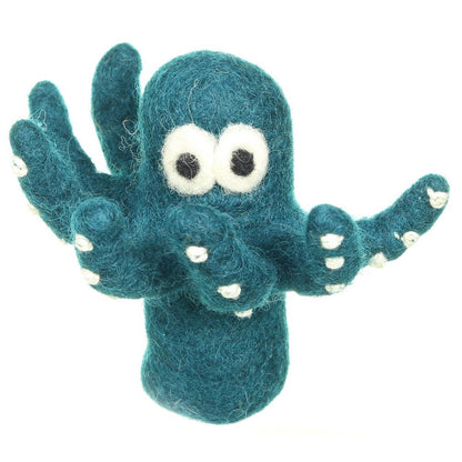 Detailfoto van vilten vingerpopje octopus zeegroen