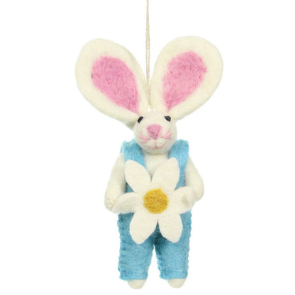 Detailfoto van vilten hanger haasje met margriet turquoise