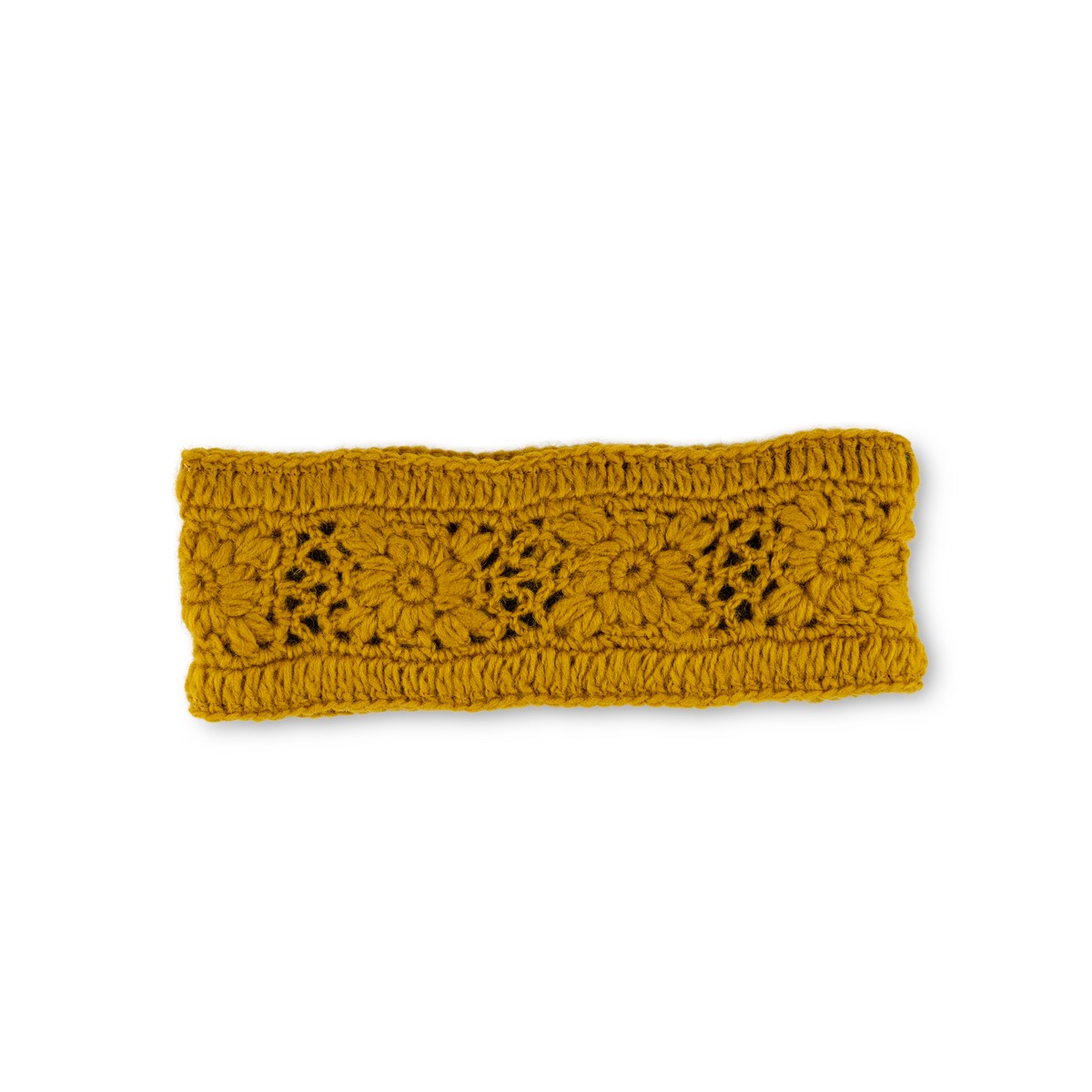 Detailfoto van haarband granny square okergeel