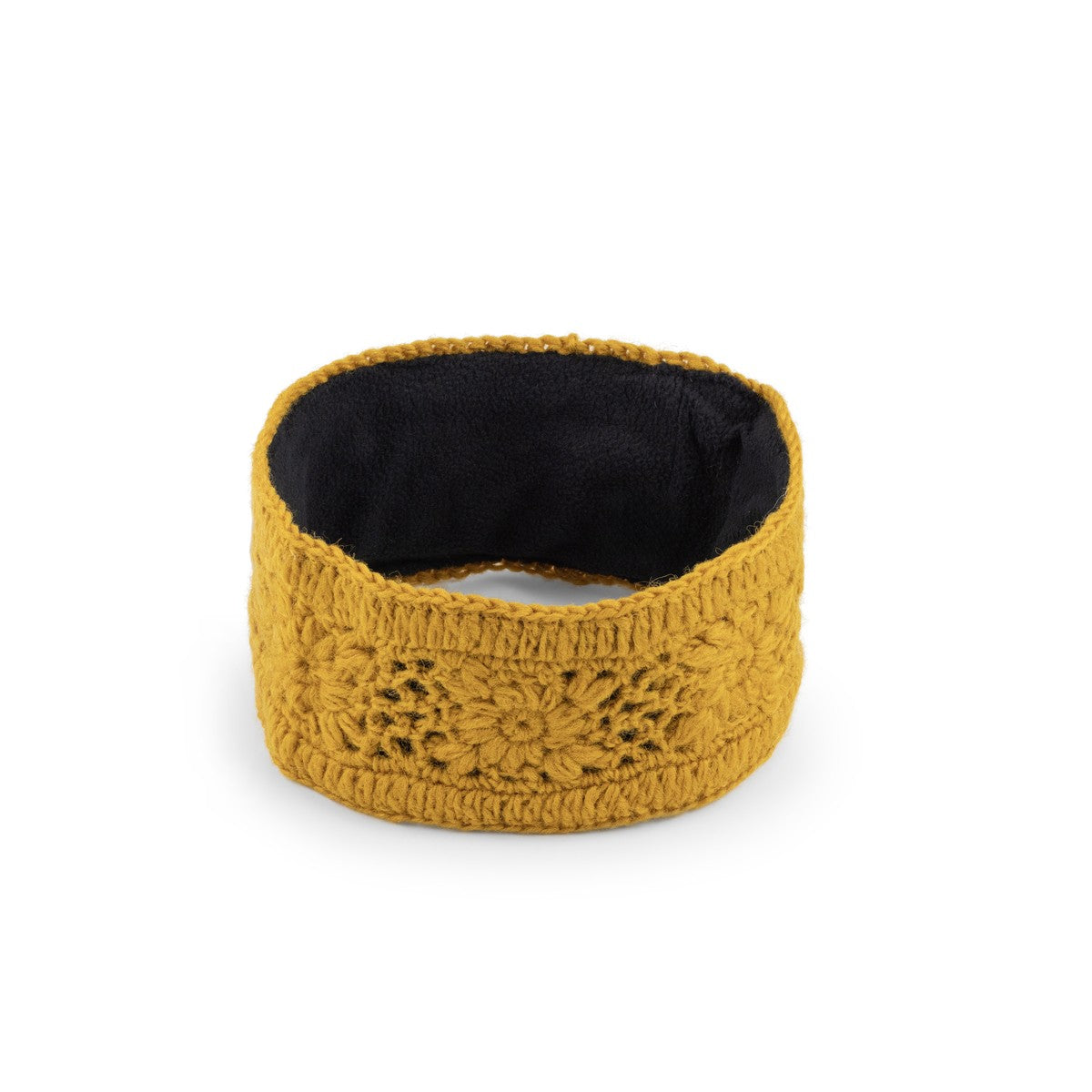Detailfoto van haarband granny square okergeel