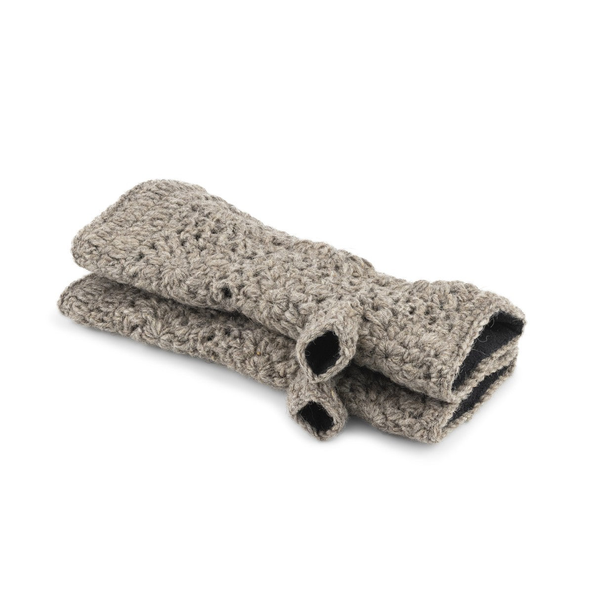 Detailfoto van vilten handwarmers granny square taupe