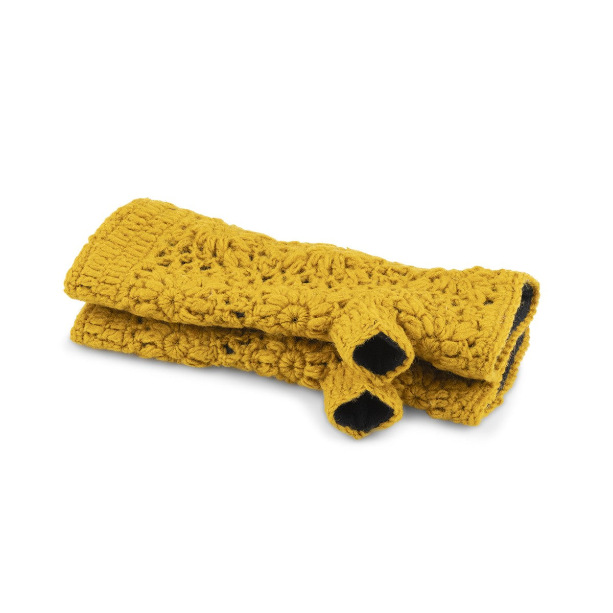 Detailfoto van vilten handwarmers granny square okergeel