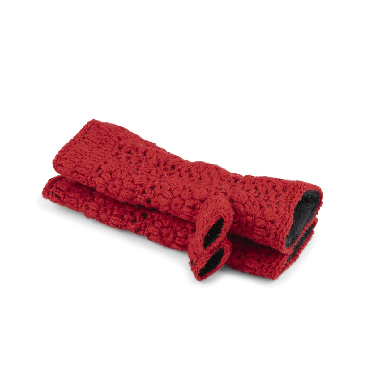 Detailfoto van vilten handwarmers granny square rood