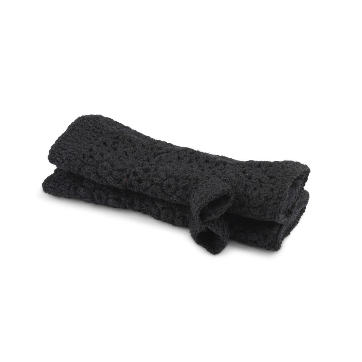 Detailfoto van vilten handwarmers granny square zwart