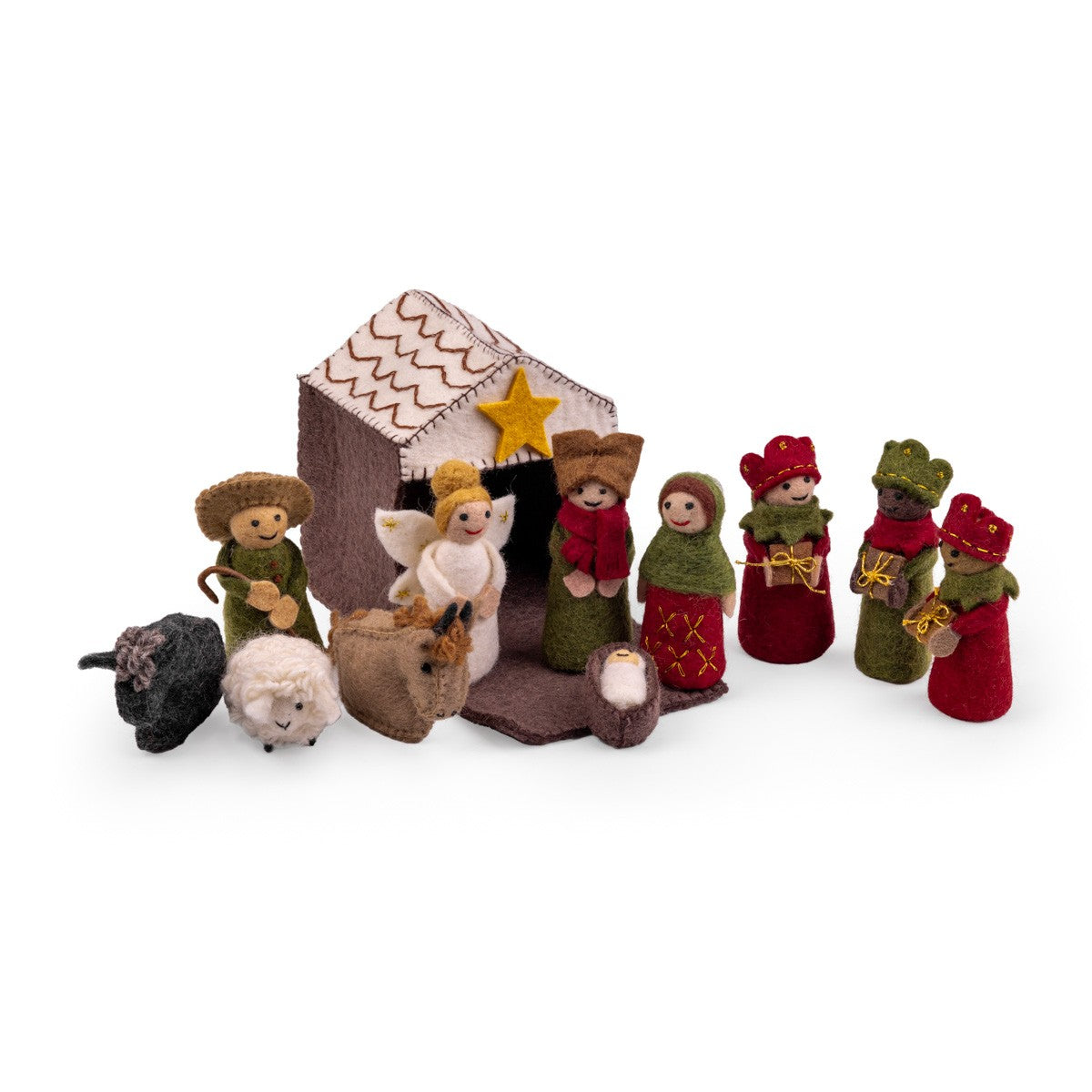 Detailfoto van vilten kerststal rood-groen