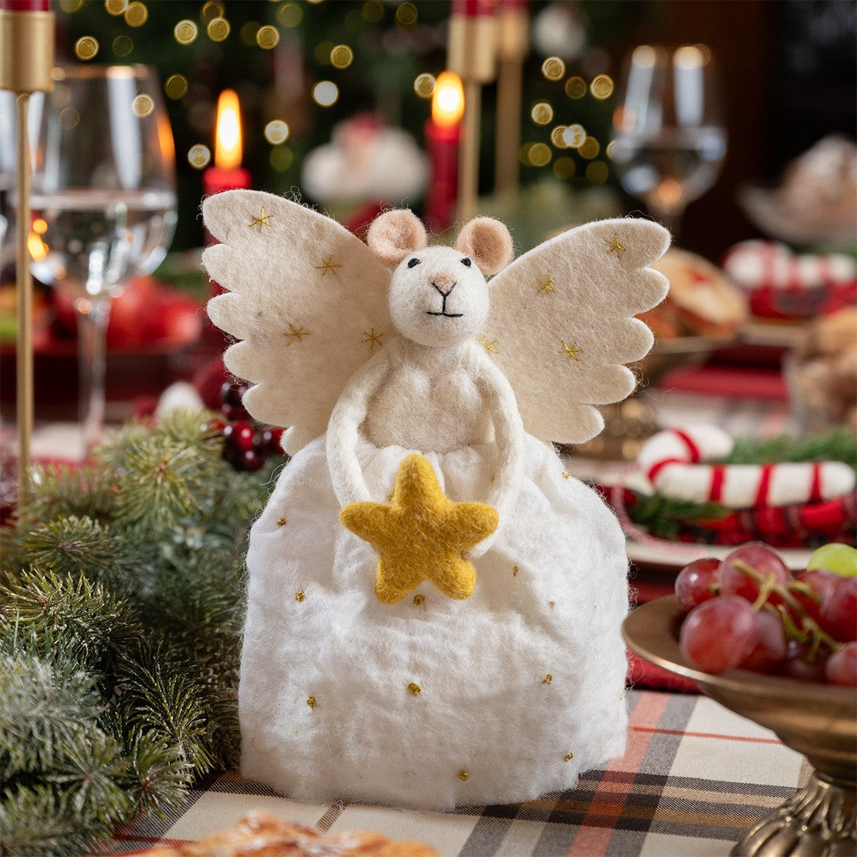 Vilten decoratie muis engel met ster