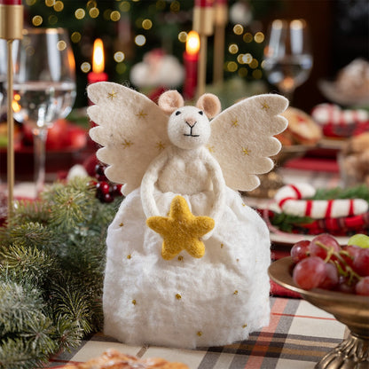 Vilten decoratie muis engel met ster