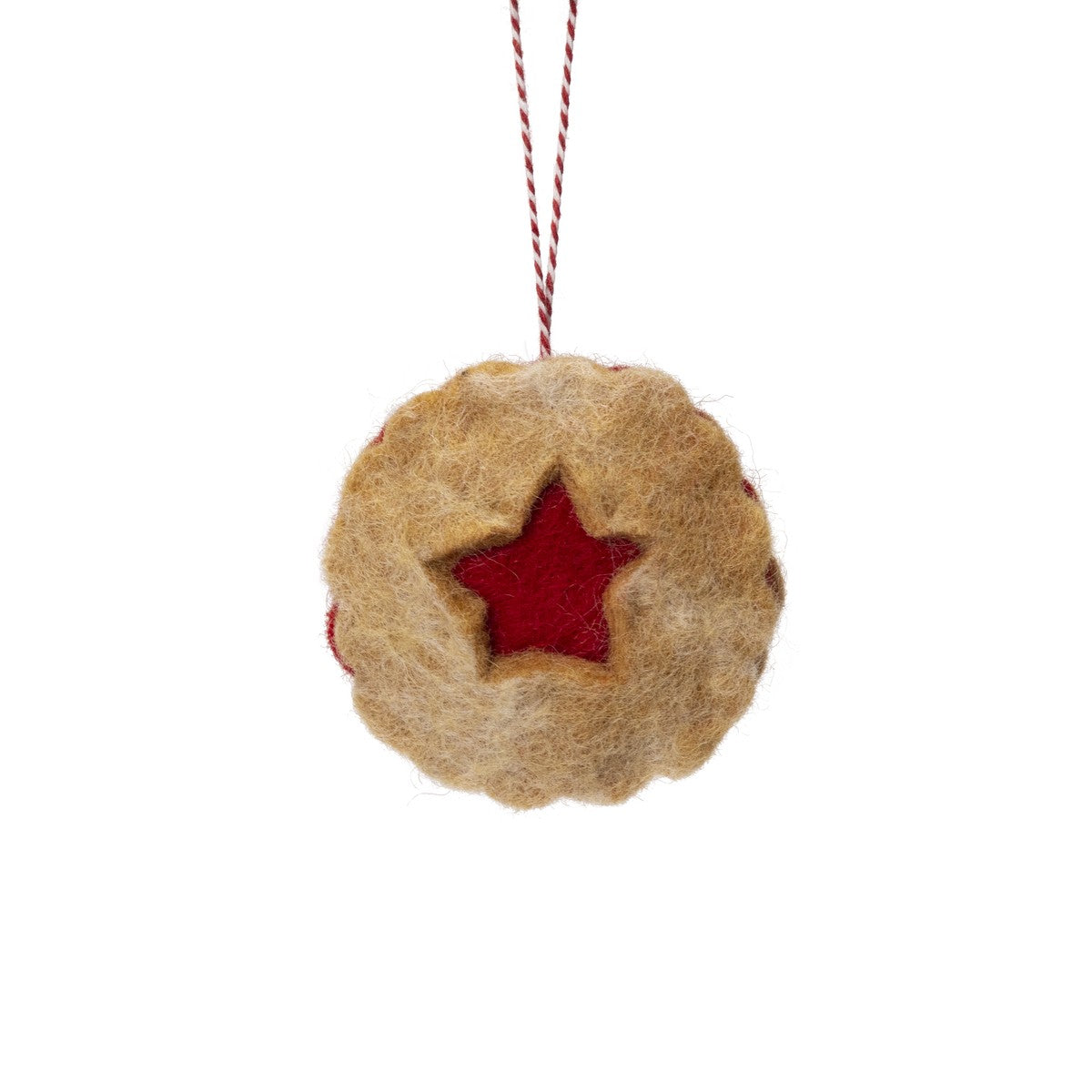Detailfoto van vilten hanger linzer koekje ster