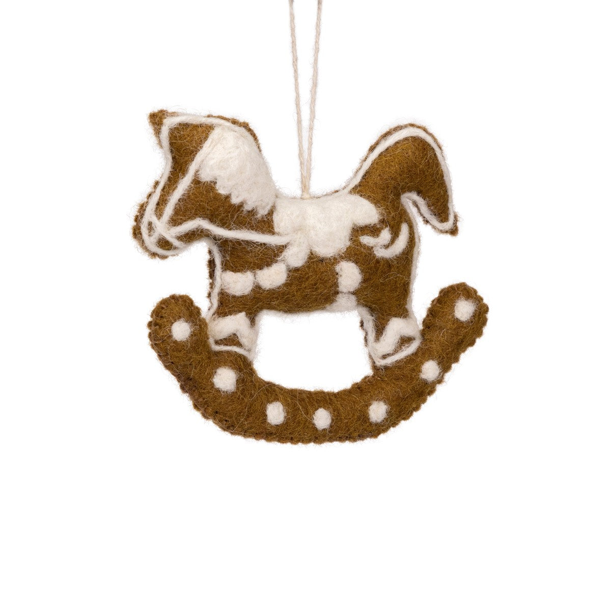 Detailfoto van vilten hanger hobbelpaard gingerbread