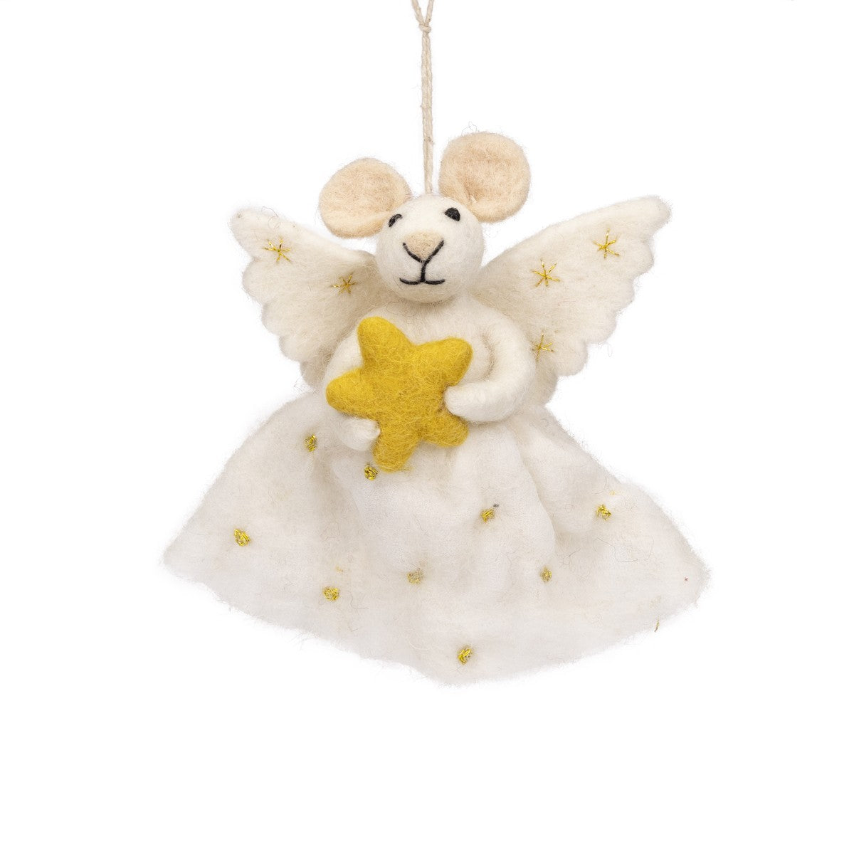 Detailfoto van vilten hanger muis engel met ster