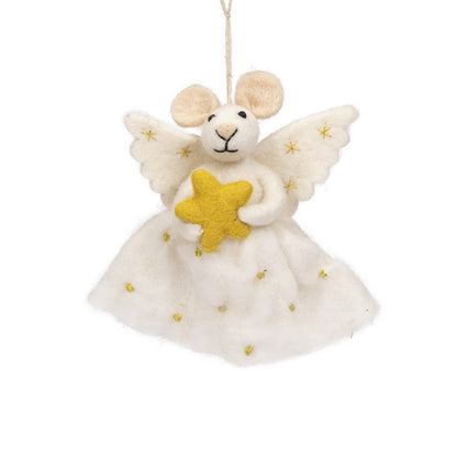 Detailfoto van vilten hanger muis engel met ster