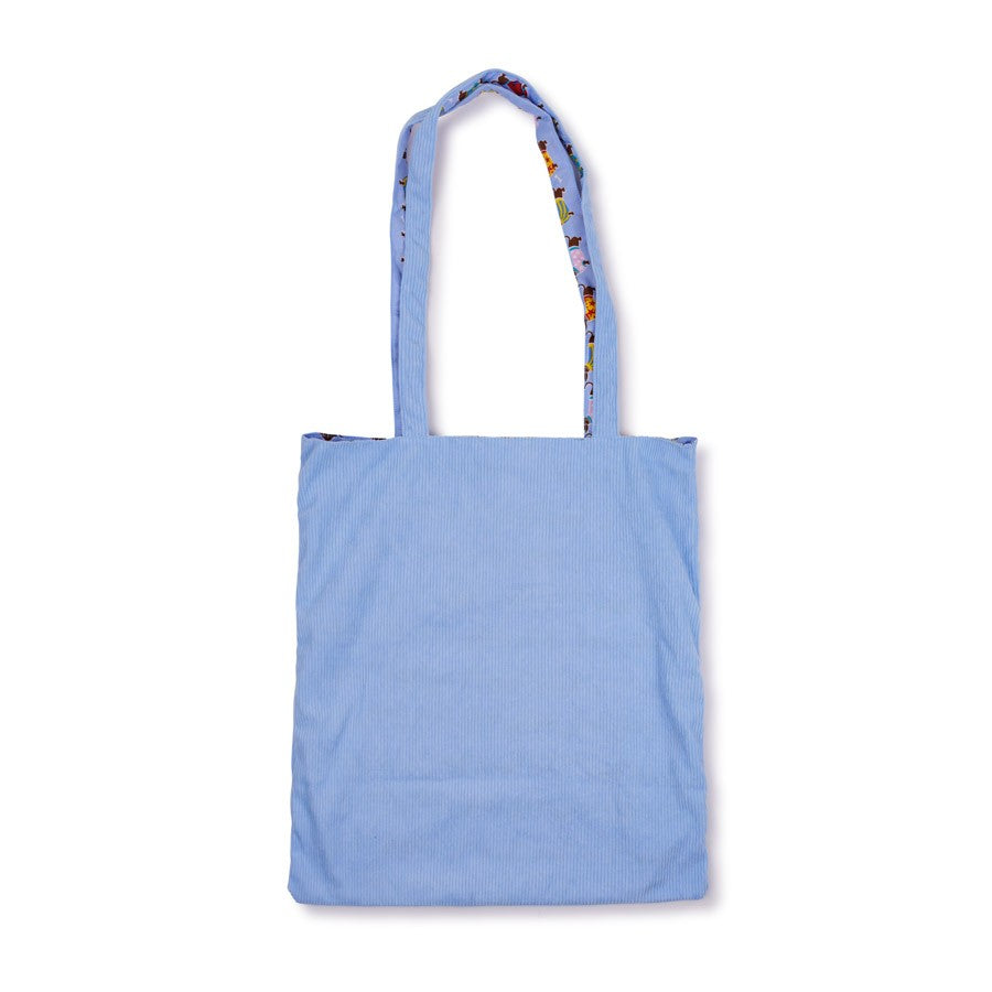 Detailfoto van vilten totebag teckel lichtblauw