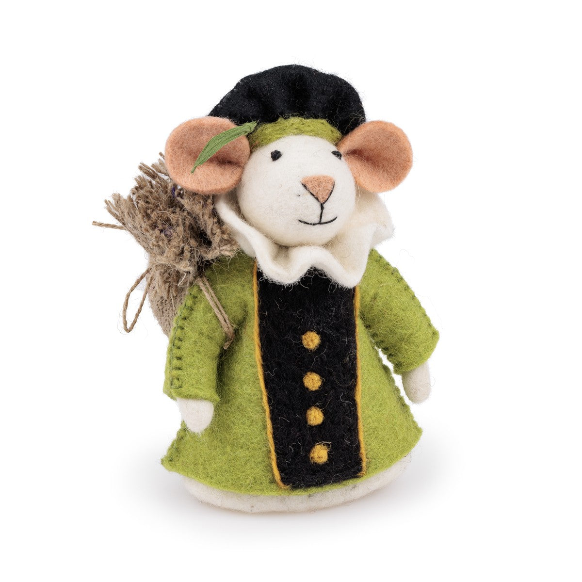 Detailfoto van vilten decoratie muis pietermuis groen