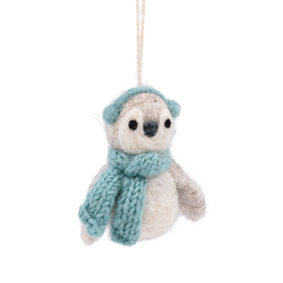 Detailfoto van hanger pinguin ijsblauw van vilt