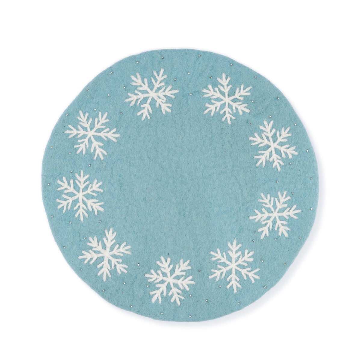 Detailfoto van onderzetter 35 cm ijsblauw sneeuwvlok van vilt