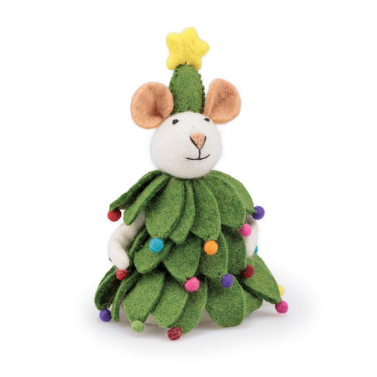 Detailfoto van vilten decoratie muis kerstboom