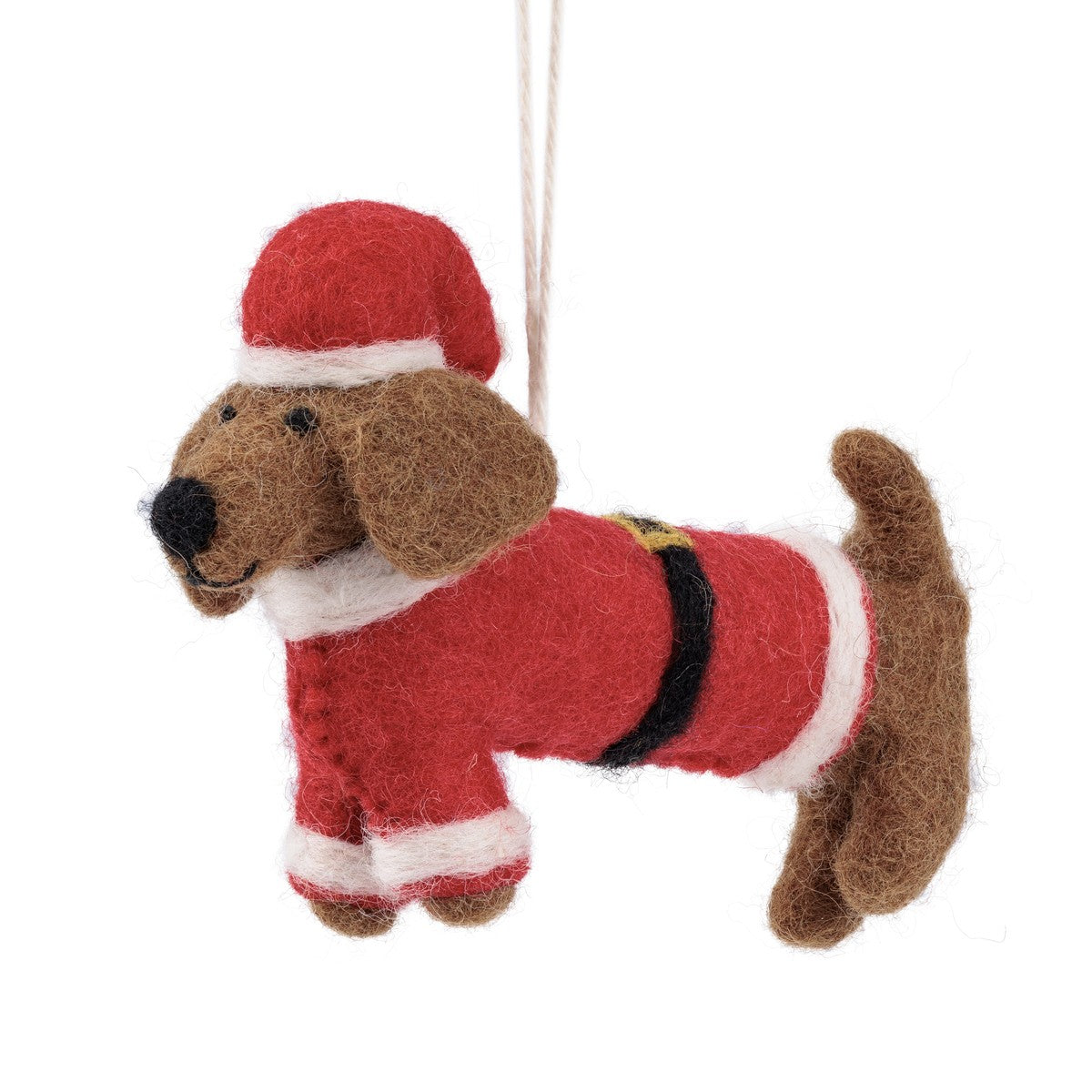 Detailfoto van vilten hanger teckel kerstman