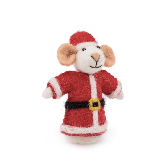 Detailfoto van vilten vingerpopje muis kerstmuis