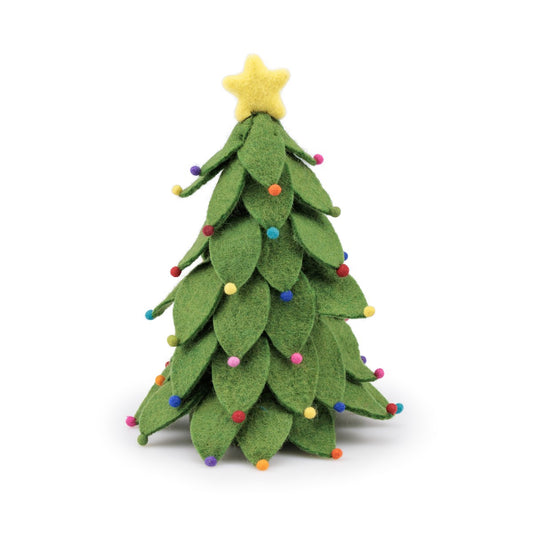 Detailfoto van vilten decoratie kerstboom groen multicolor