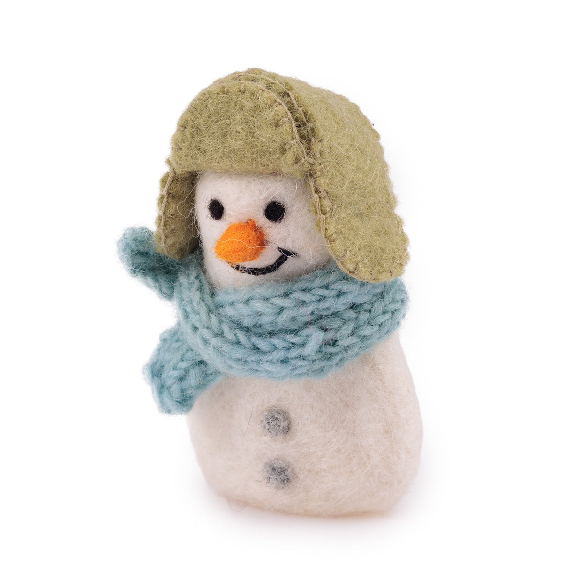 Detailfoto van vingerpopje sneeuwpop ijsblauw van vilt