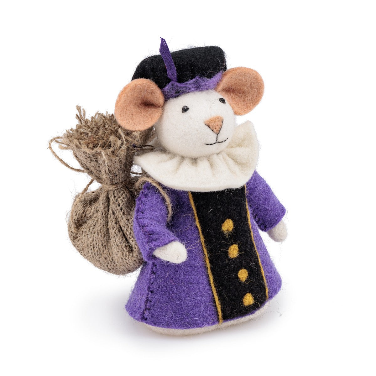Detailfoto van vilten decoratie muis pietermuis paars