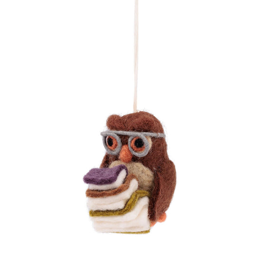 Detailfoto van vilten hanger uil met drie boeken