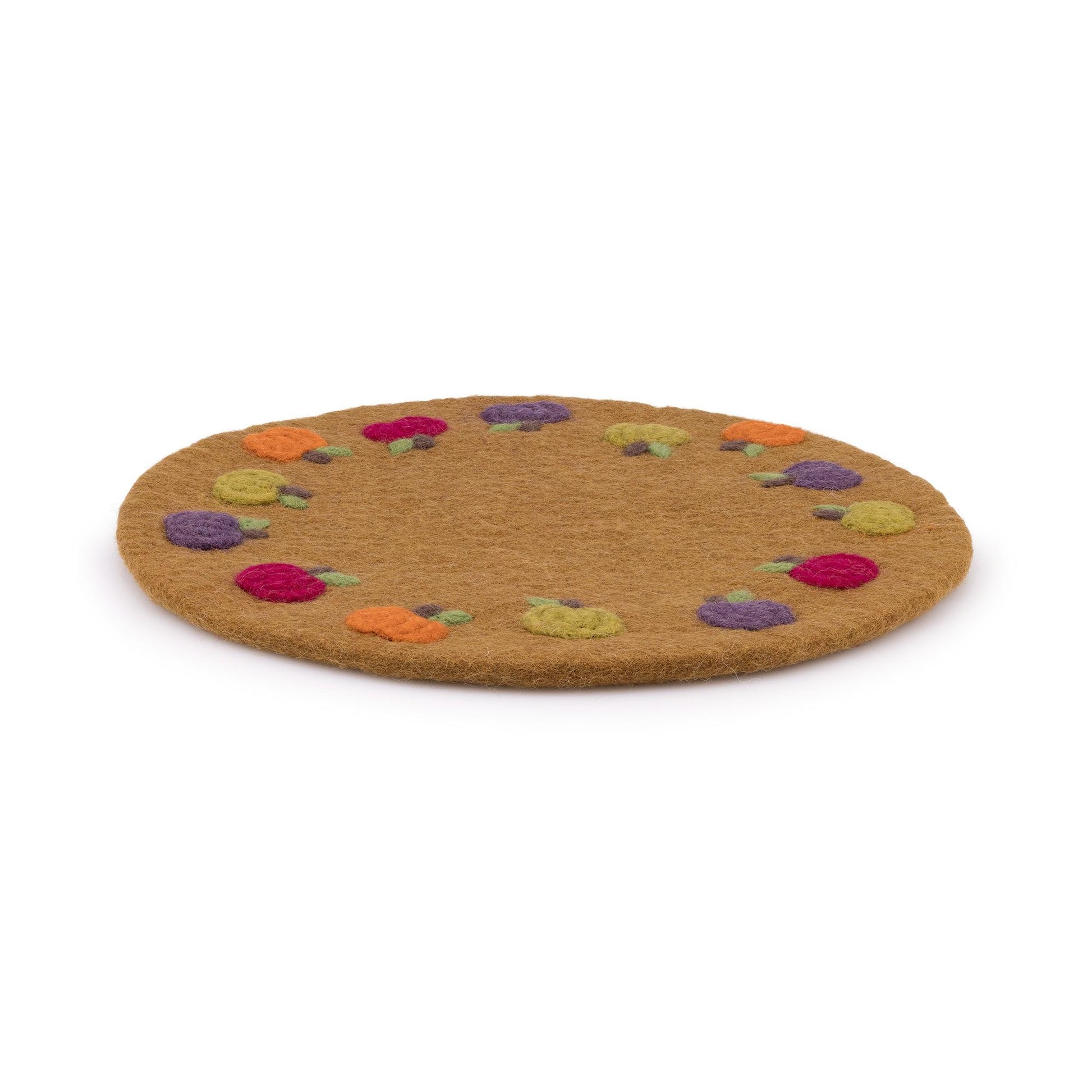 Detailfoto van vilten onderzetter 35 cm pompoentjes bruin