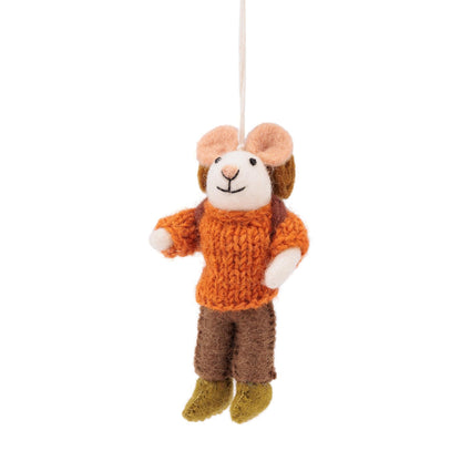 Detailfoto van vilten hanger muis wandelaar cognac