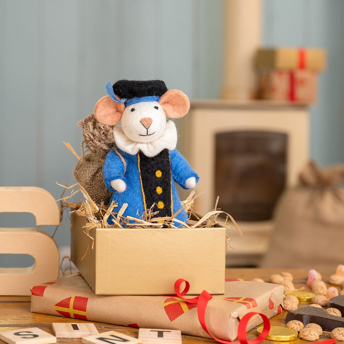 Vilten decoratie muis pietermuis blauw