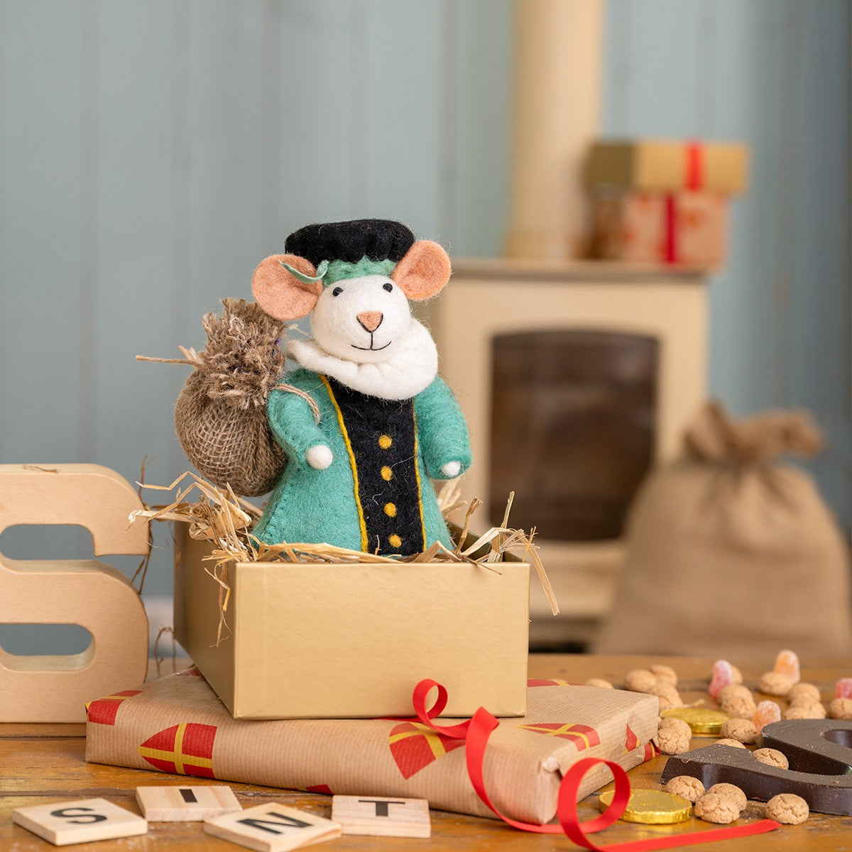 Vilten decoratie muis pietermuis turquoise