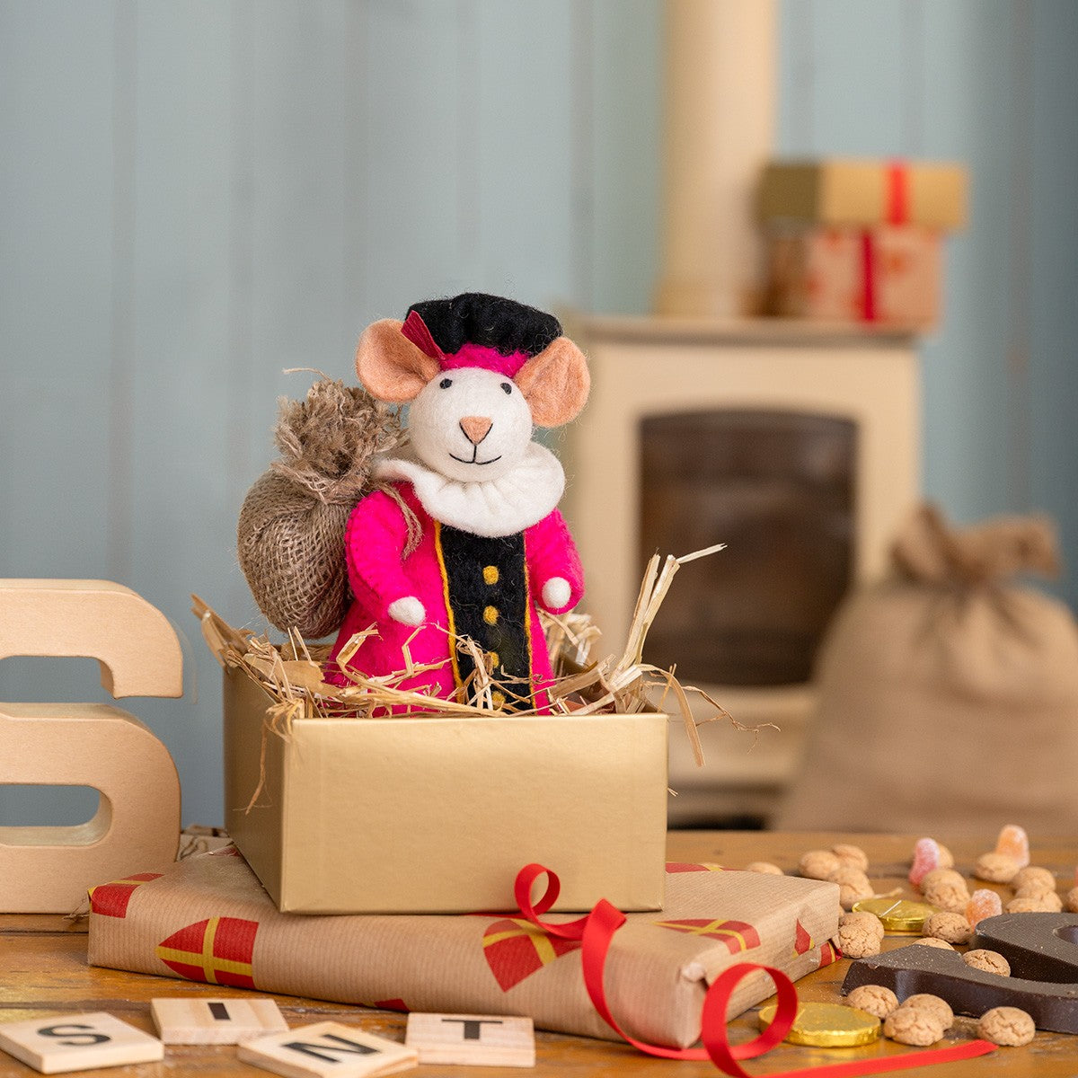 Vilten decoratie muis pietermuis fuchsia