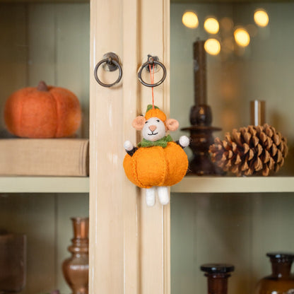 Detailfoto van vilten hanger muis pompoen
