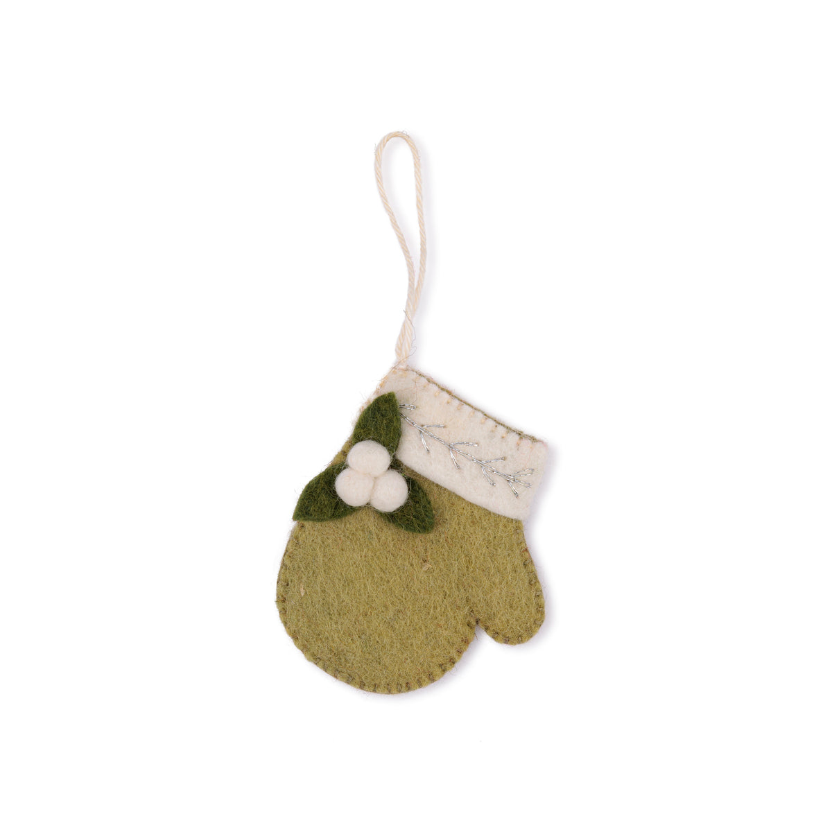 Detailfoto van hanger wantje met mistletoe lichtgroen van vilt