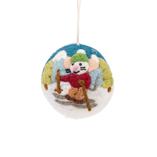 Detailfoto van hanger bal muis skiër van vilt