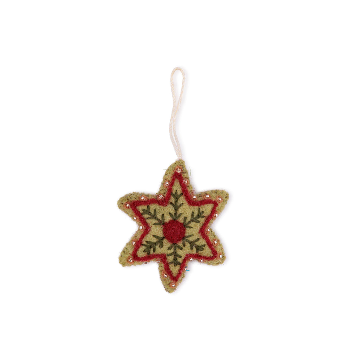 Detailfoto van vilten hanger ster embroidery lichtgroen rood