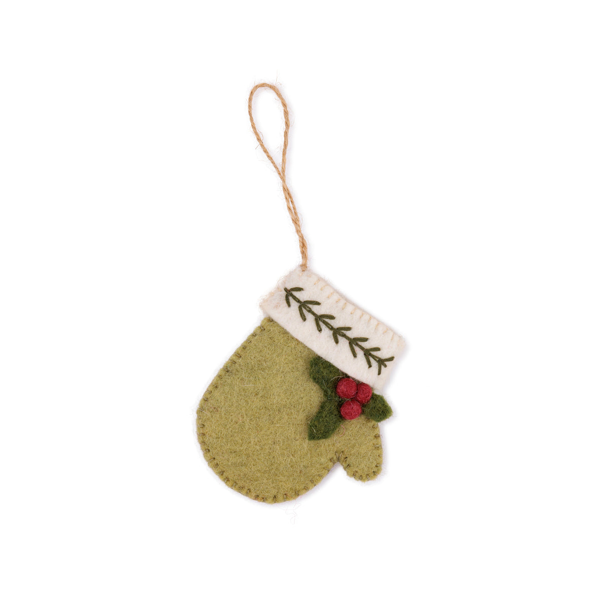 Detailfoto van vilten hanger wantje met holly berry lichtgroen