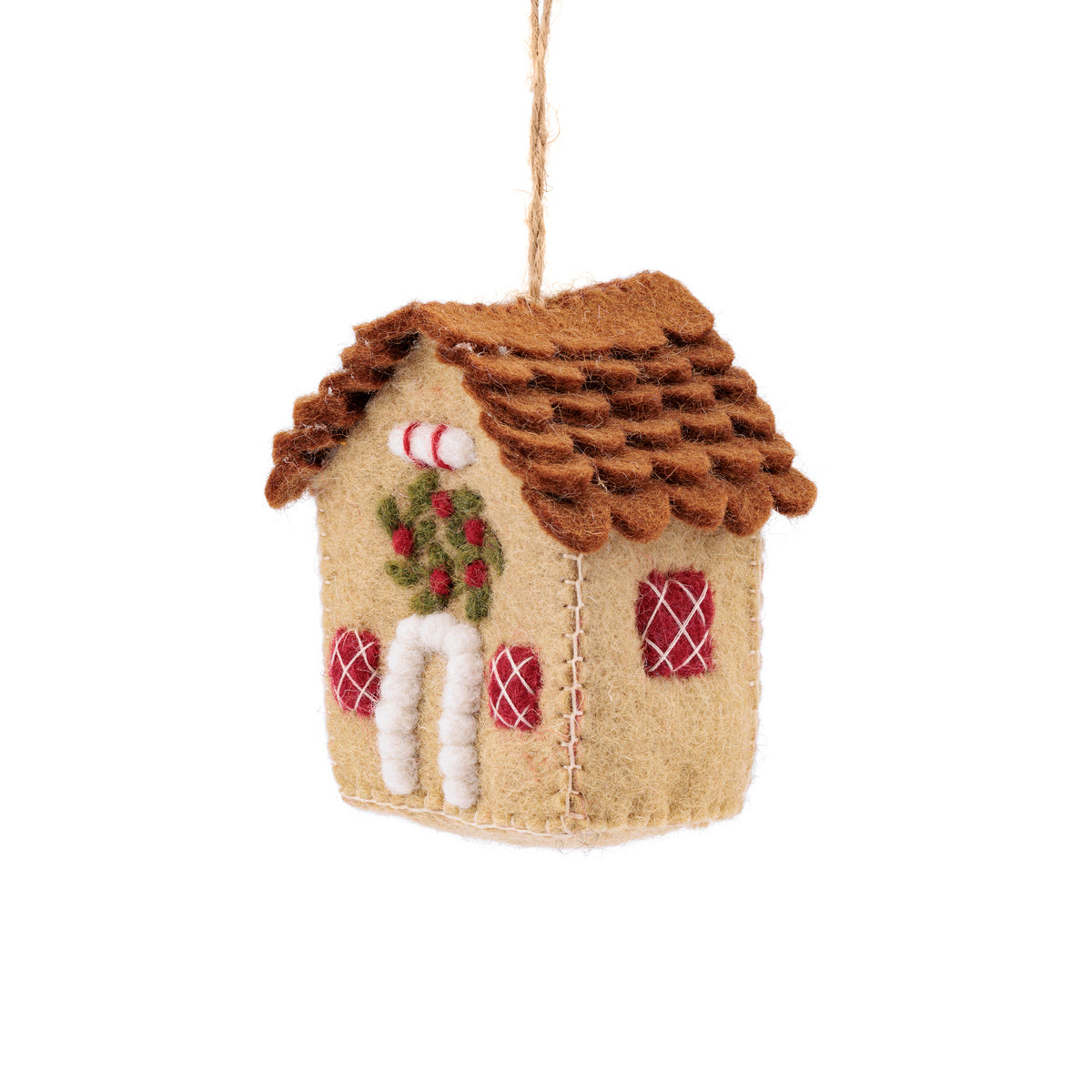 Detailfoto van vilten hanger huisje english christmas beige
