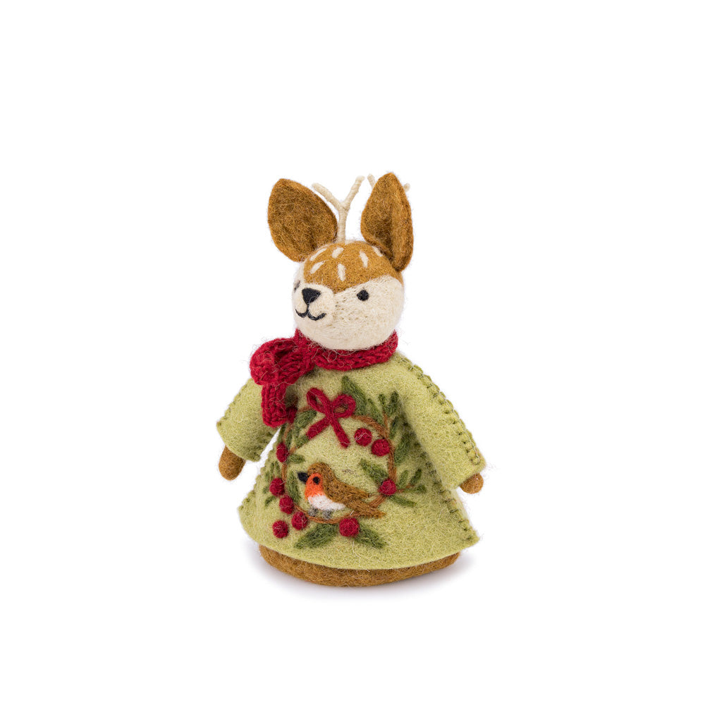 Detailfoto van vilten decoratie hert english christmas roodborstje